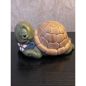 Vintage ceramic turtle bank sleepy turtle with daisy flower coin bank